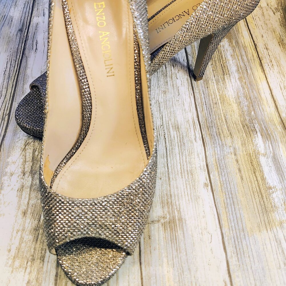 ENZO ANGIOLINI Gold/Silver Peep Toed Glittered Evening Pumps, Size 7